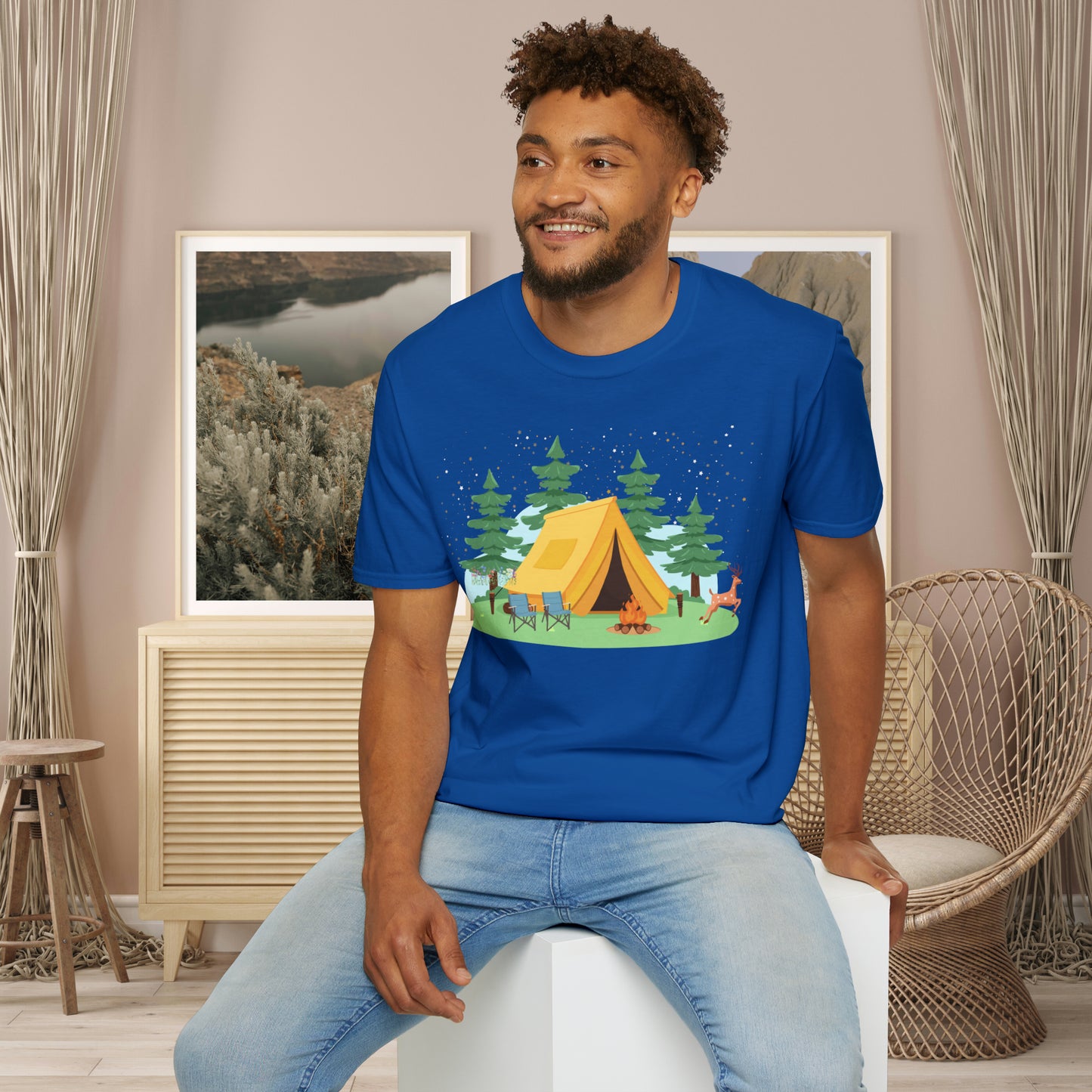 Camping can be so much fun! A happy place for many of us. Love of the great outdoors inspired design on this Unisex Softstyle T-Shirt.