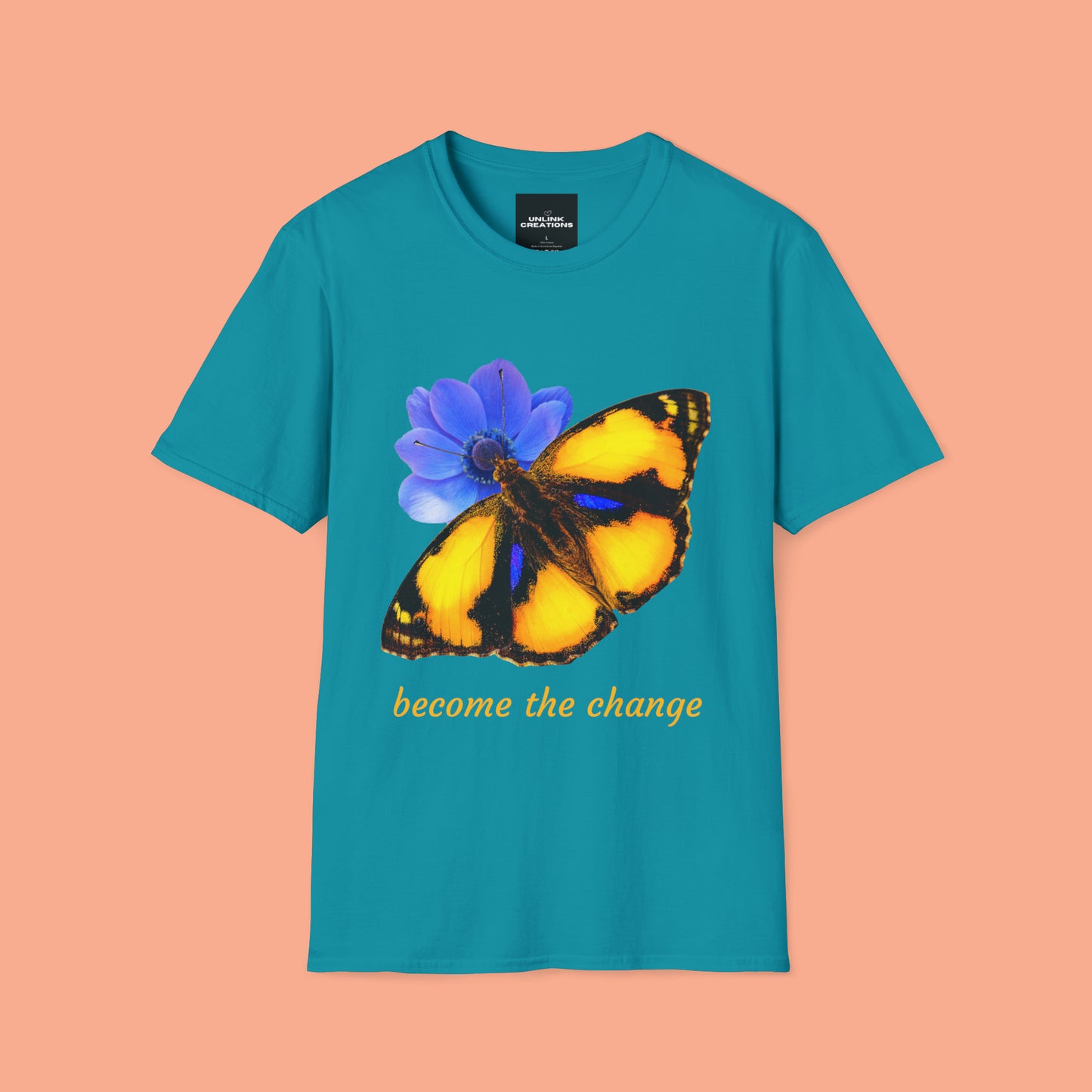 Beautiful “become the change" Unisex Softstyle T-Shirt butterfly design. Great as a gift or get one for yourself.