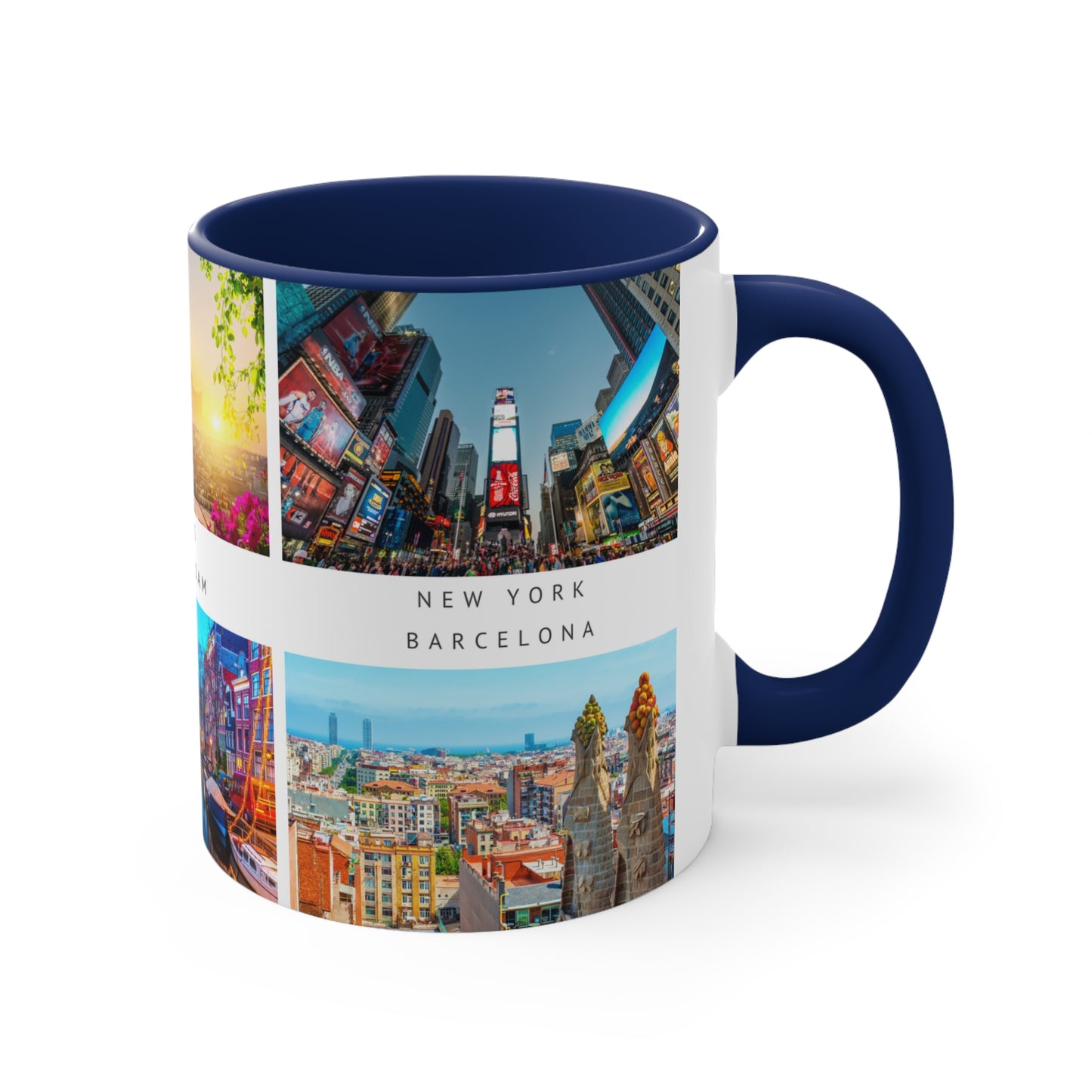 London, Montreal, Paris, Amsterdam, New York and Barcelona! This Travel Accent Coffee Mug is a part of a Travel Series for you to choose from. 11oz. Great as a gift or get one to enjoy yourself.