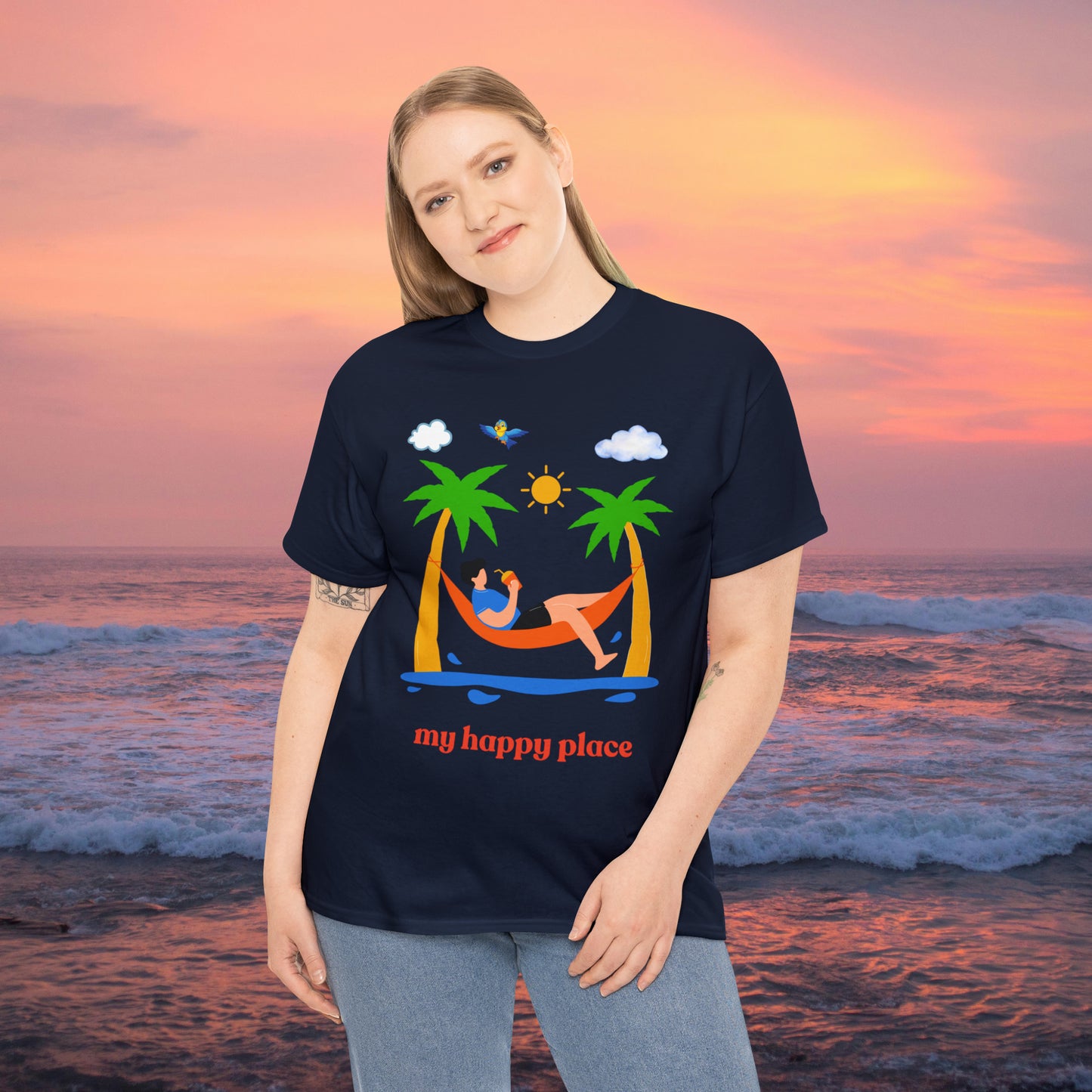 Is the beach your happy place? This is the shirt for you if it is. This Unisex Heavy Cotton Tee makes for a great gift or get one to enjoy yourself.