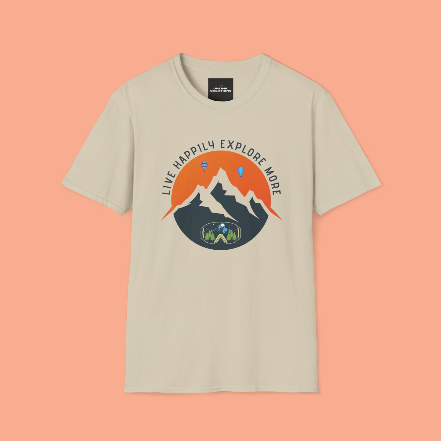 “LIVE HAPPILY EXPLORE MORE” message on this mountain sports inspired Unisex Softstyle T-Shirt.