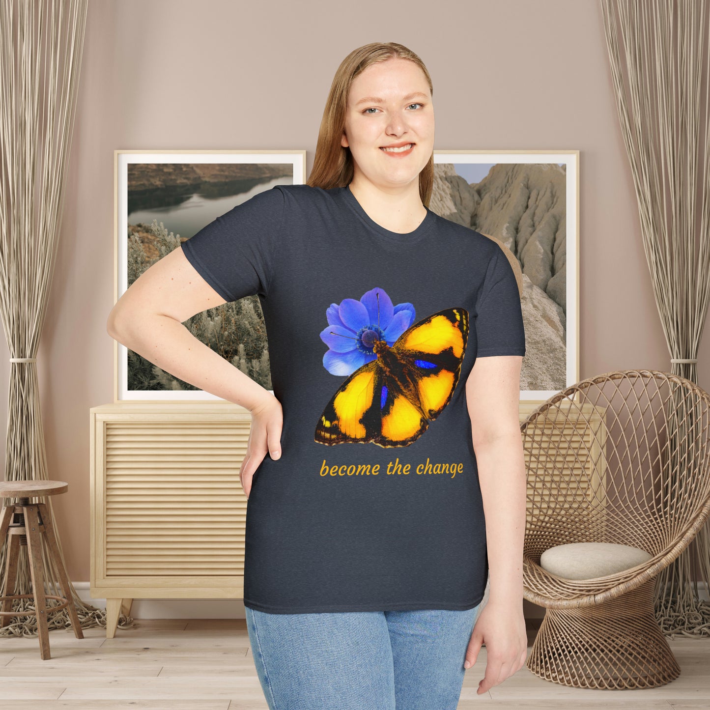 Beautiful “become the change" Unisex Softstyle T-Shirt butterfly design. Great as a gift or get one for yourself.
