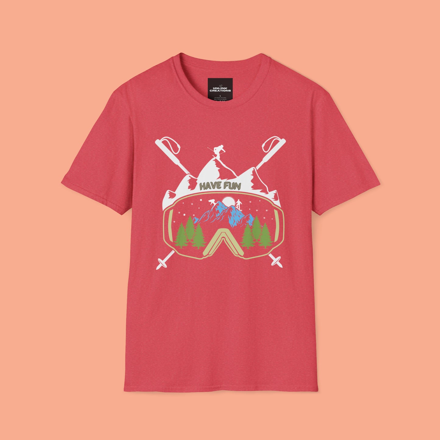 Winter fun! Go ski, snowboard and enjoy all that powder! This is a Unisex Softstyle T-Shirt.