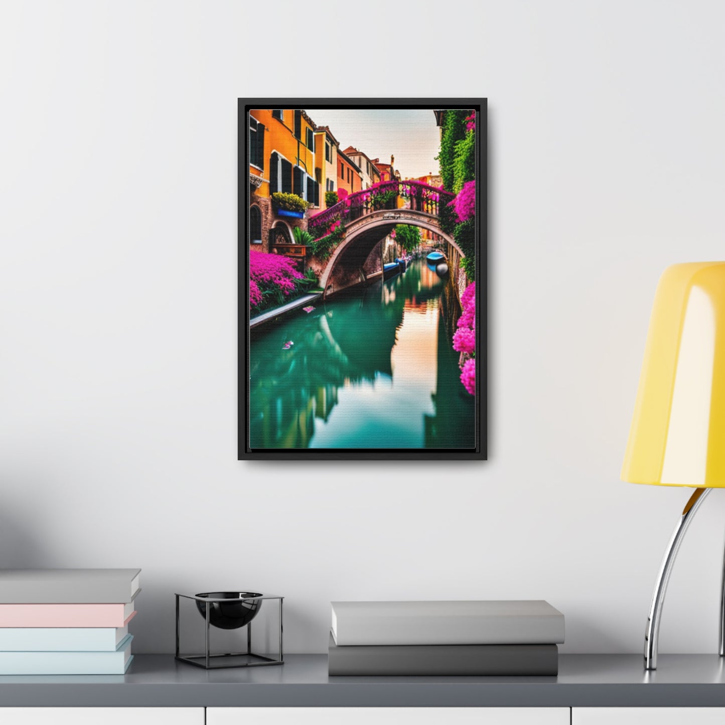 A colorful Venice inspired depiction on this gallery canvas wrap with vertical frame. Sizes vary.