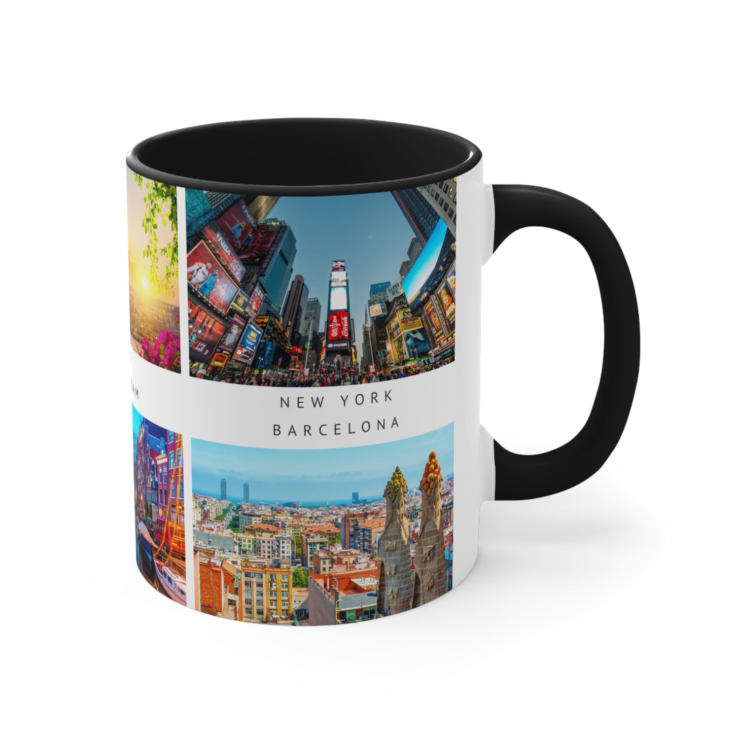 London, Montreal, Paris, Amsterdam, New York and Barcelona! This Travel Accent Coffee Mug is a part of a Travel Series for you to choose from. 11oz. Great as a gift or get one to enjoy yourself.