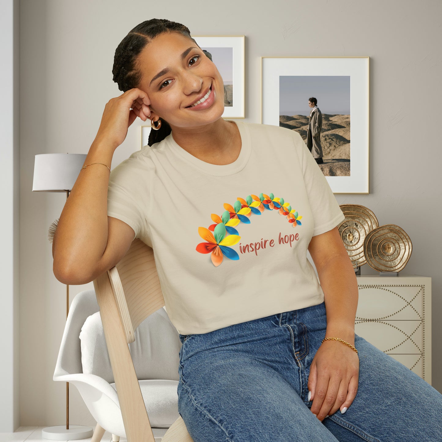 A beautiful origami style flowers in rainbow formation with “inspire hope” below it. We find hope in each other, that is part of our humanity. Be that inspiration, one person at a time. This is a Unisex Softstyle T-Shirt.