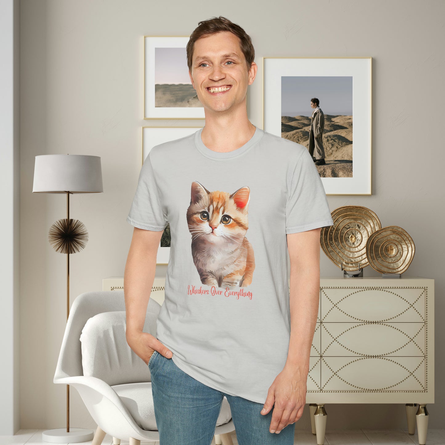 A cute cat with “Whiskers over everything” below it on this Unisex Softstyle T-Shirt. Cat lovers get this.