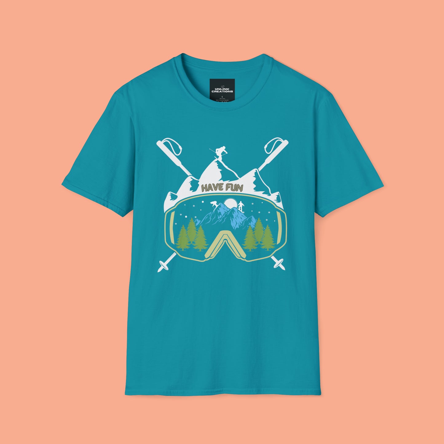 Winter fun! Go ski, snowboard and enjoy all that powder! This is a Unisex Softstyle T-Shirt.