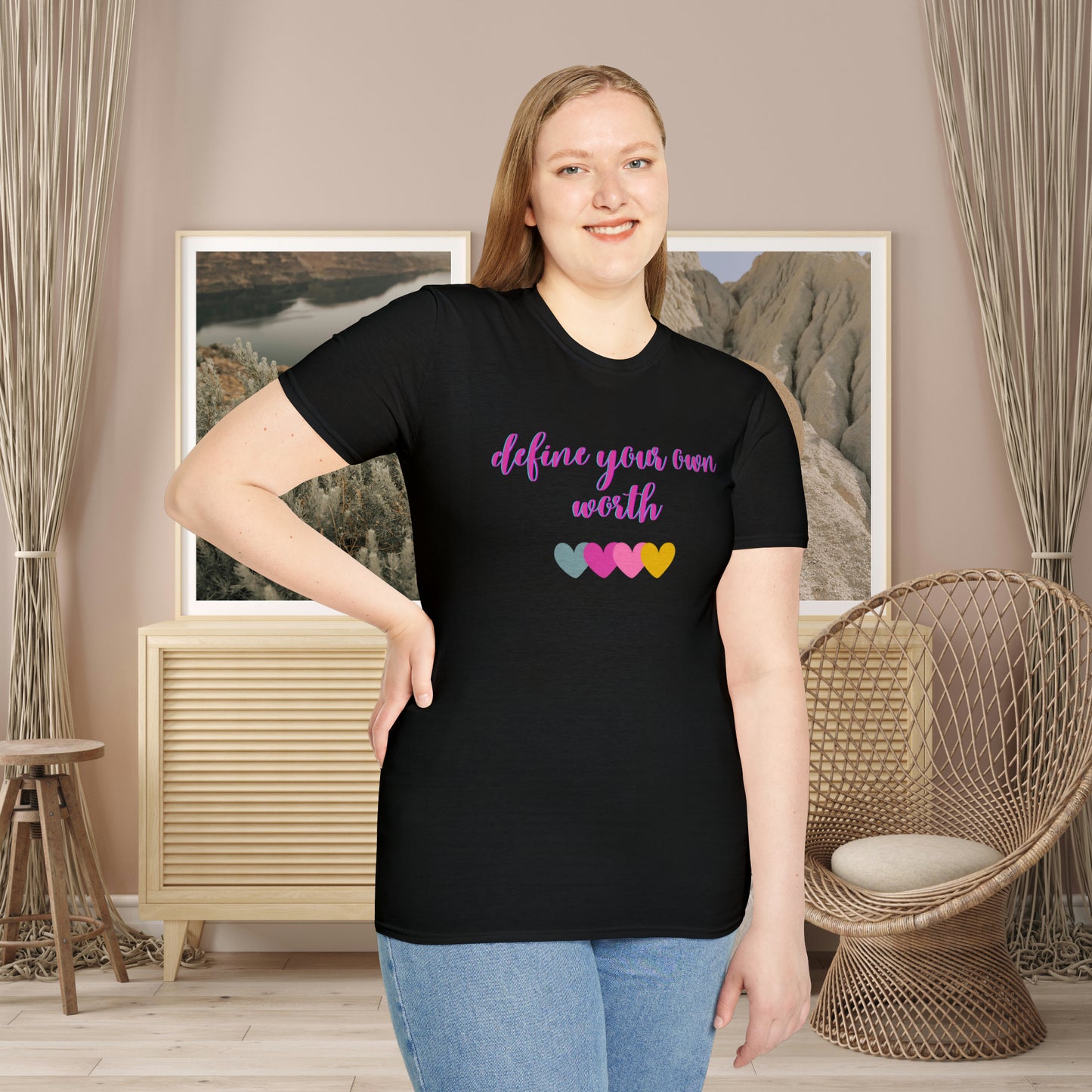 Motivational message to “define your own worth” instead of letting others do it for you on this Unisex Softstyle T-Shirt.