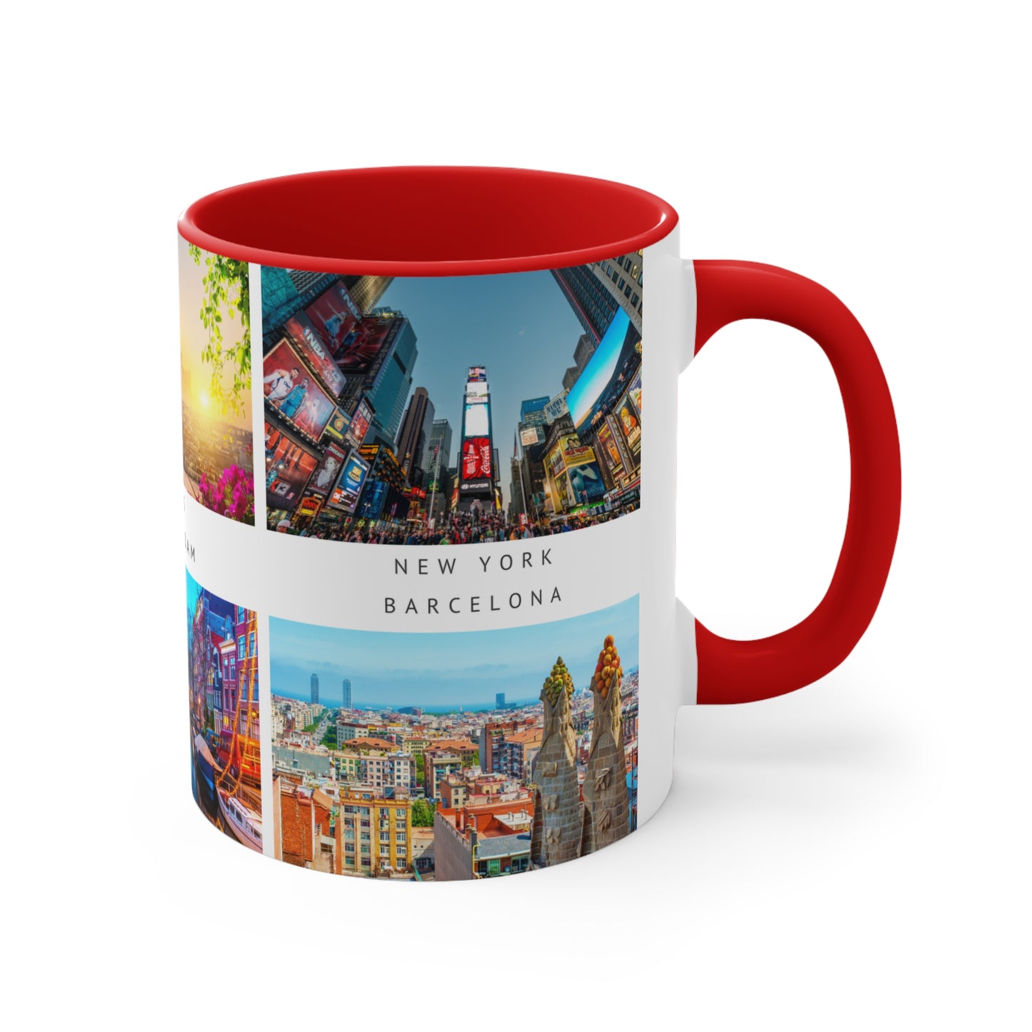 London, Montreal, Paris, Amsterdam, New York and Barcelona! This Travel Accent Coffee Mug is a part of a Travel Series for you to choose from. 11oz. Great as a gift or get one to enjoy yourself.