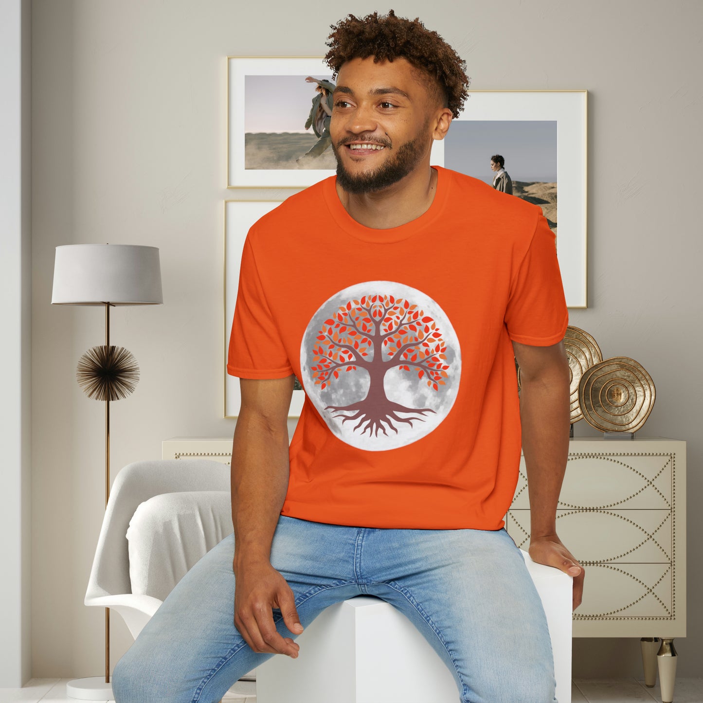 Beautifully strong tree with the moon as its backdrop on this Unisex Softstyle T-Shirt.