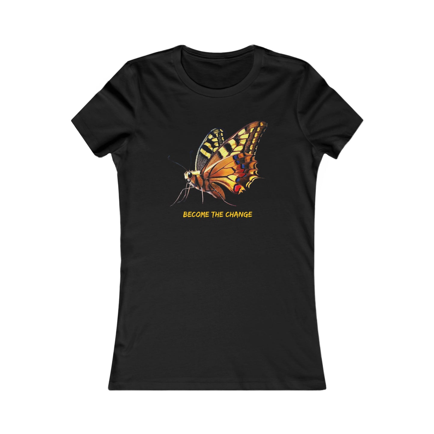 A beautiful butterfly with “BECOME THE CHANGE” message in the center of this Women's Favorite Tee design. Slim fit so please check the size table.