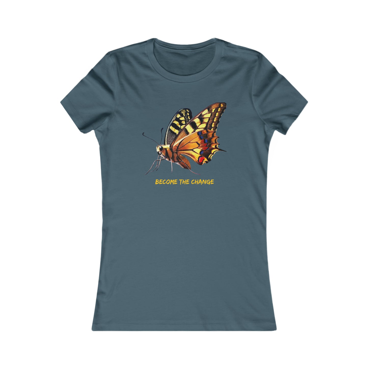 A beautiful butterfly with “BECOME THE CHANGE” message in the center of this Women's Favorite Tee design. Slim fit so please check the size table.