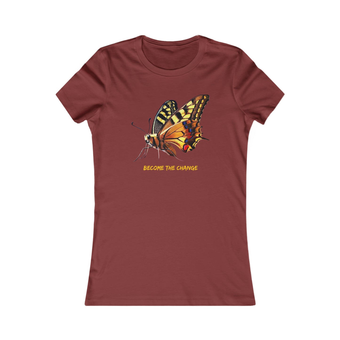 A beautiful butterfly with “BECOME THE CHANGE” message in the center of this Women's Favorite Tee design. Slim fit so please check the size table.
