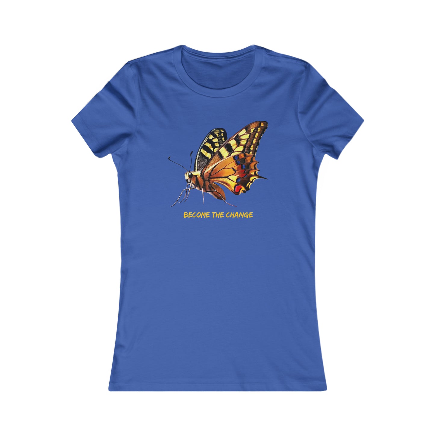 A beautiful butterfly with “BECOME THE CHANGE” message in the center of this Women's Favorite Tee design. Slim fit so please check the size table.