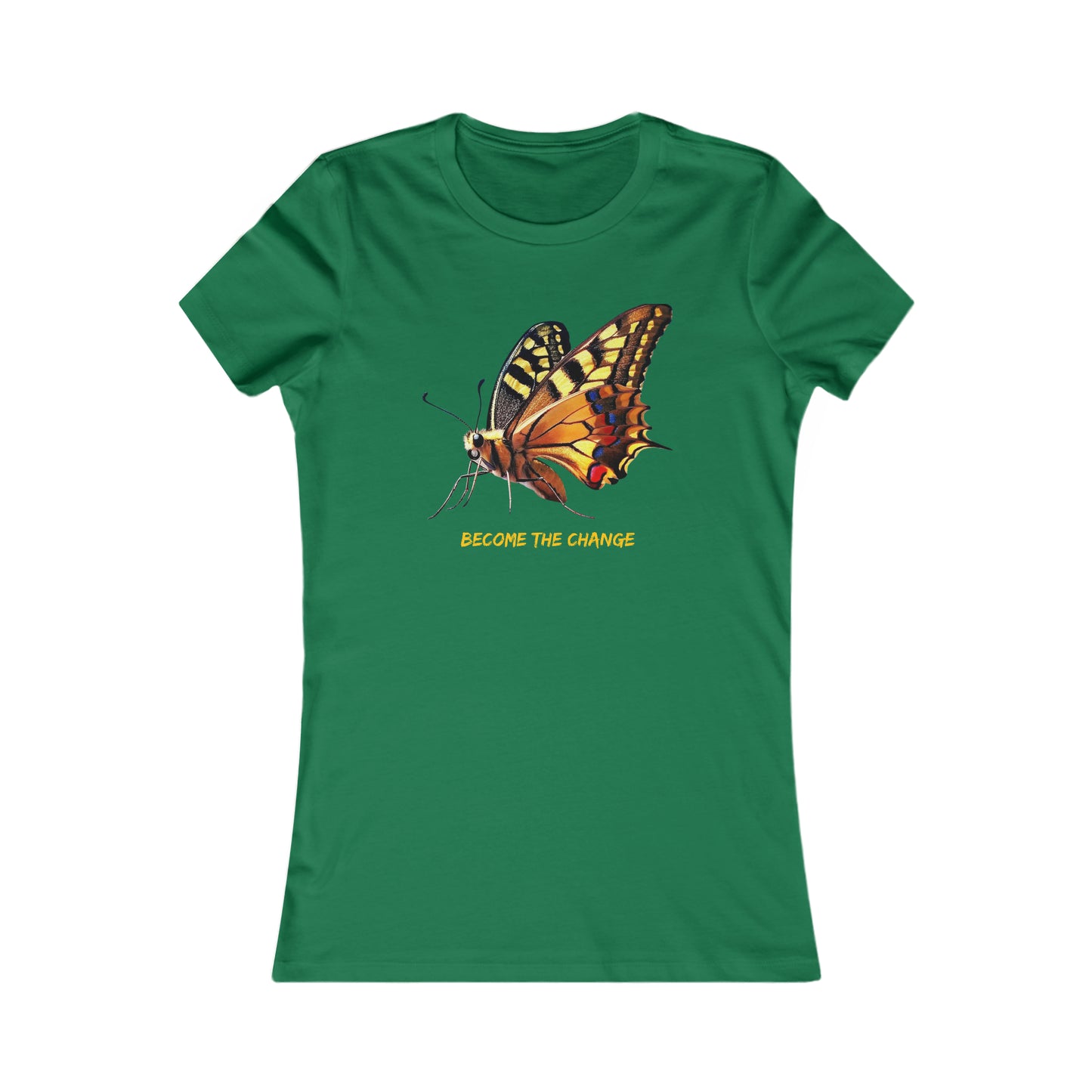A beautiful butterfly with “BECOME THE CHANGE” message in the center of this Women's Favorite Tee design. Slim fit so please check the size table.