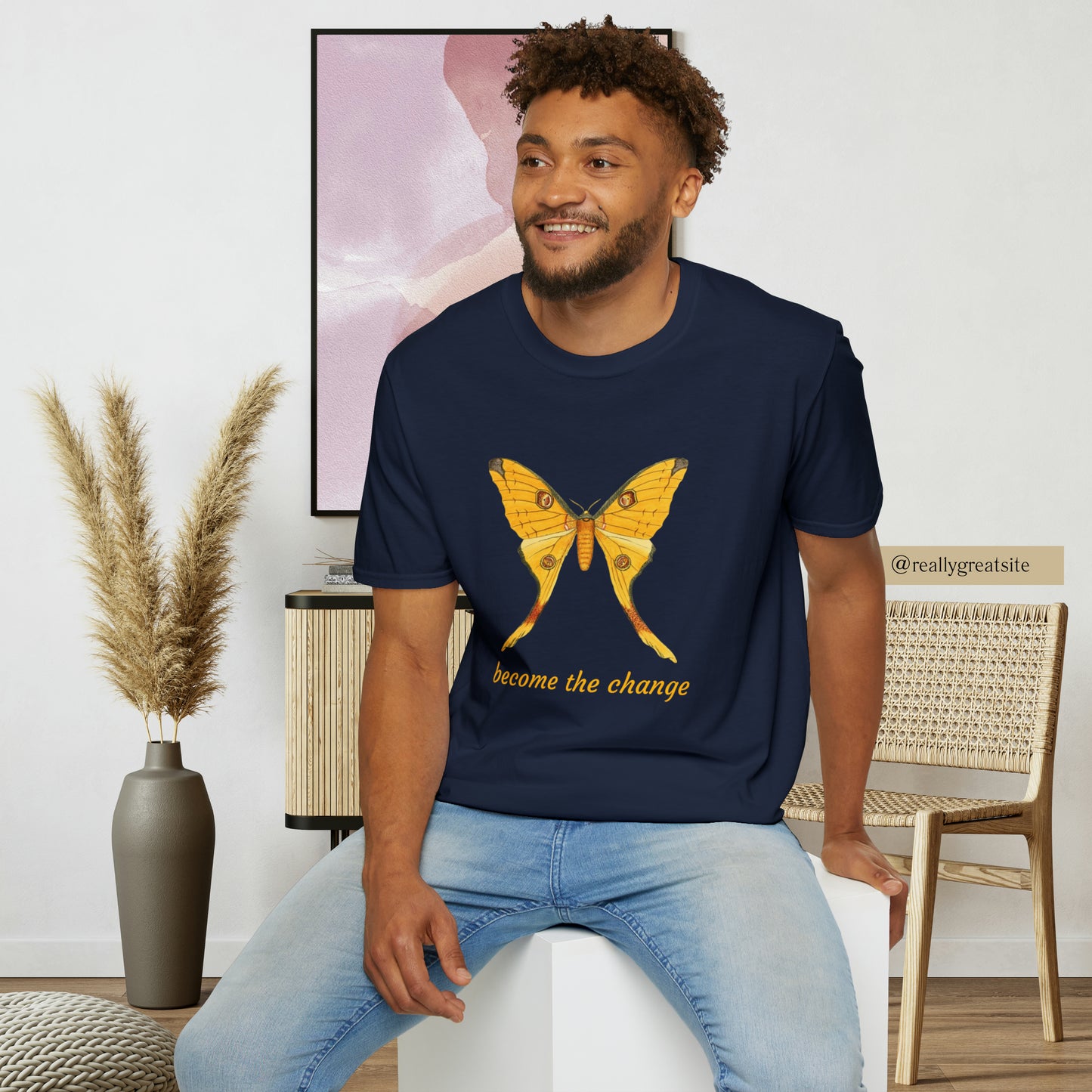 Beautiful butterfly “become the change” Unisex Softstyle T-Shirt design. A great and timeless message on a shirt.