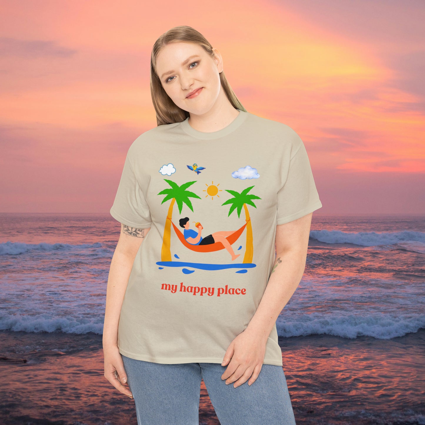 Is the beach your happy place? This is the shirt for you if it is. This Unisex Heavy Cotton Tee makes for a great gift or get one to enjoy yourself.