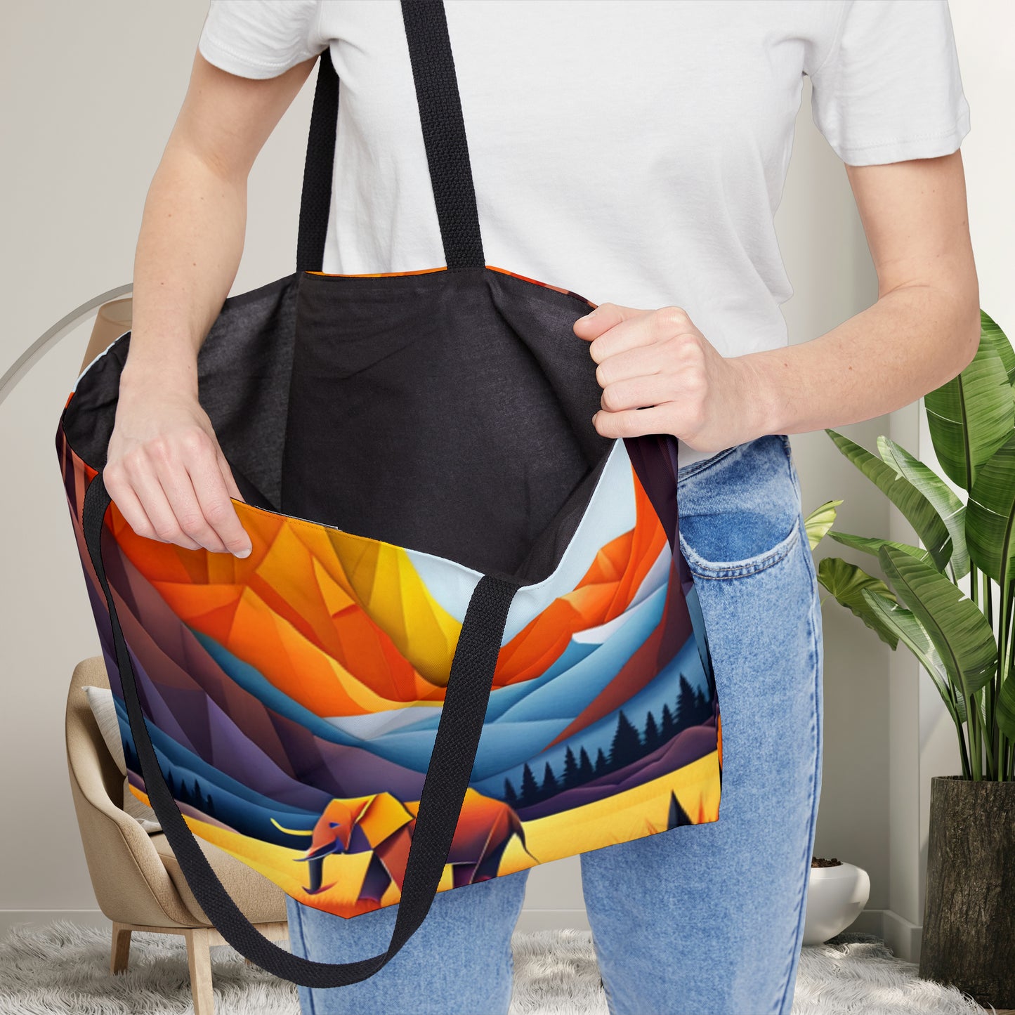 Colorful mountains with an elephant inspired Origami style design on this Weekender Tote Bag.