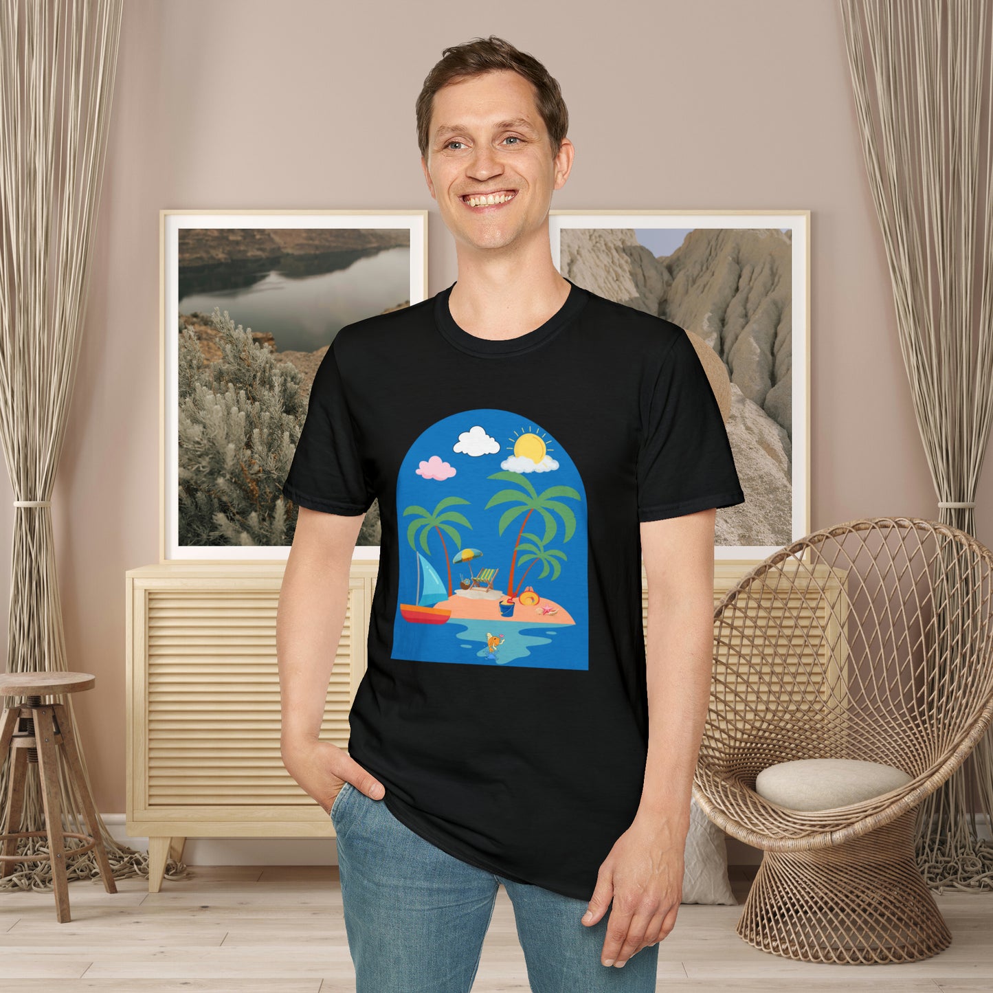 Do you smile when you think of being on an island with the sun, sand and breeze embracing you? This Unisex Softstyle T-Shirt is made for that beach loving person.