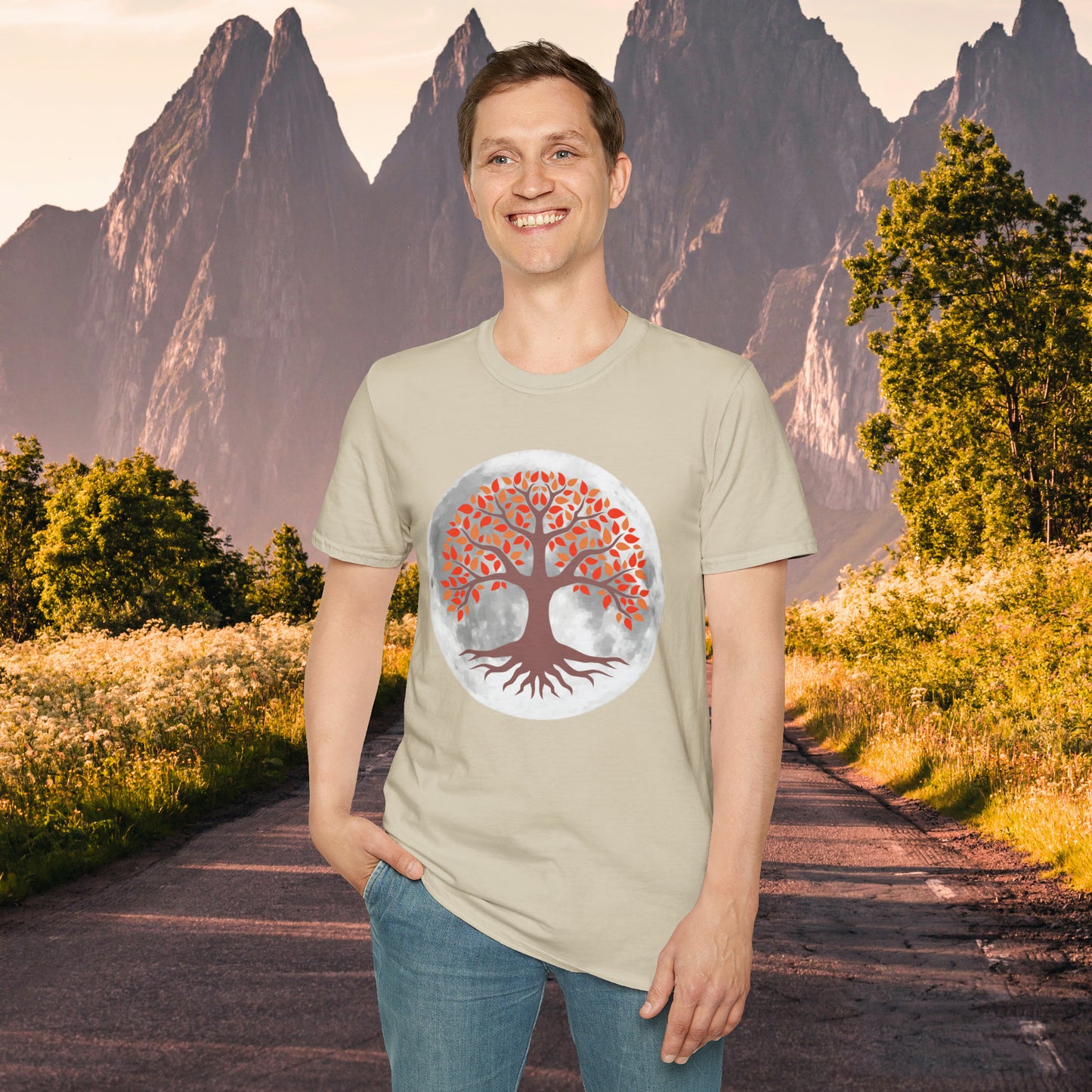 Beautifully strong tree with the moon as its backdrop on this Unisex Softstyle T-Shirt.