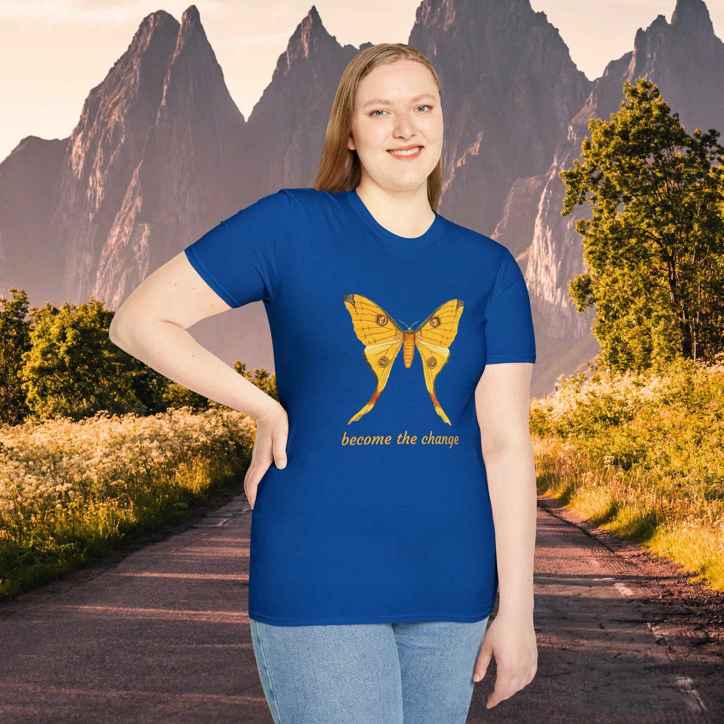 Beautiful butterfly “become the change” Unisex Softstyle T-Shirt design. A great and timeless message on a shirt.