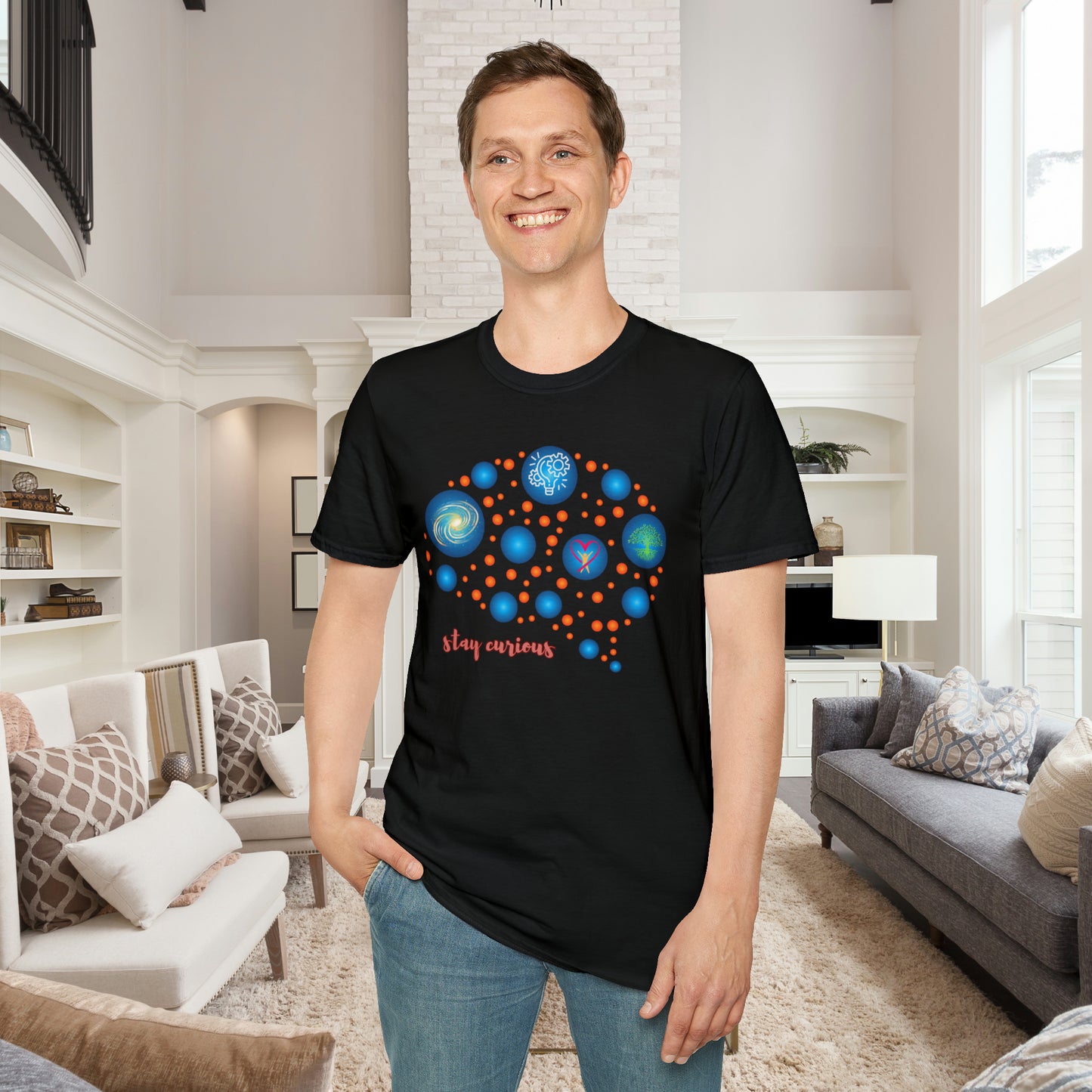 A beautiful brain and “stay curious” message are on this Unisex Softstyle T-Shirt design.