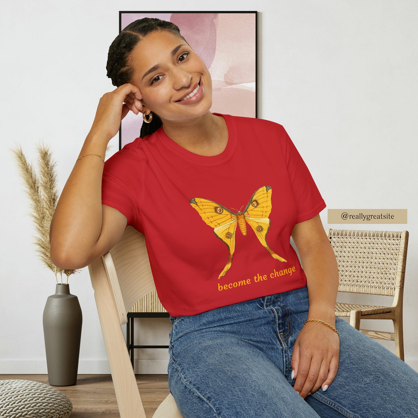 Beautiful butterfly “become the change” Unisex Softstyle T-Shirt design. A great and timeless message on a shirt.