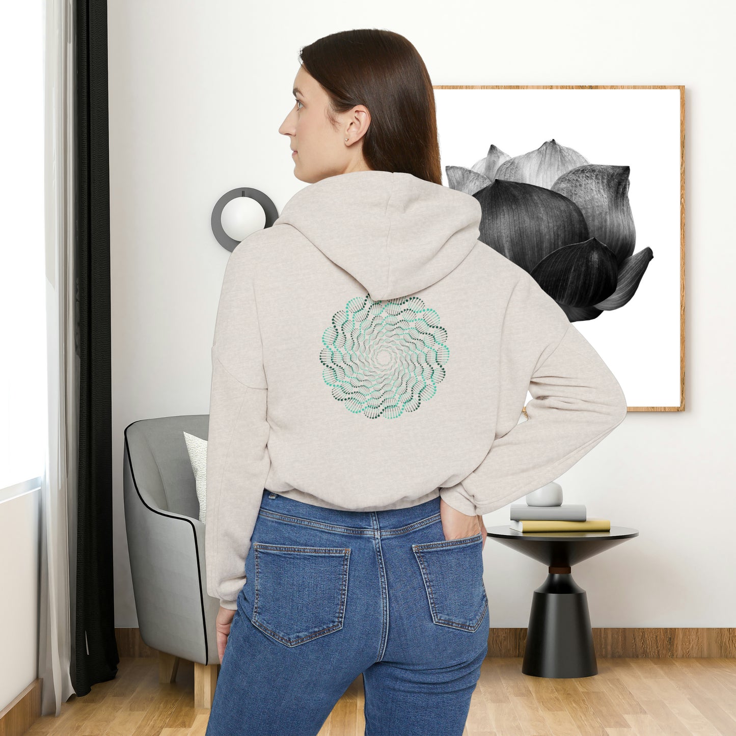 Mesmerizing abstract design on the front and back of this Women's Cinched Bottom Hoodie.