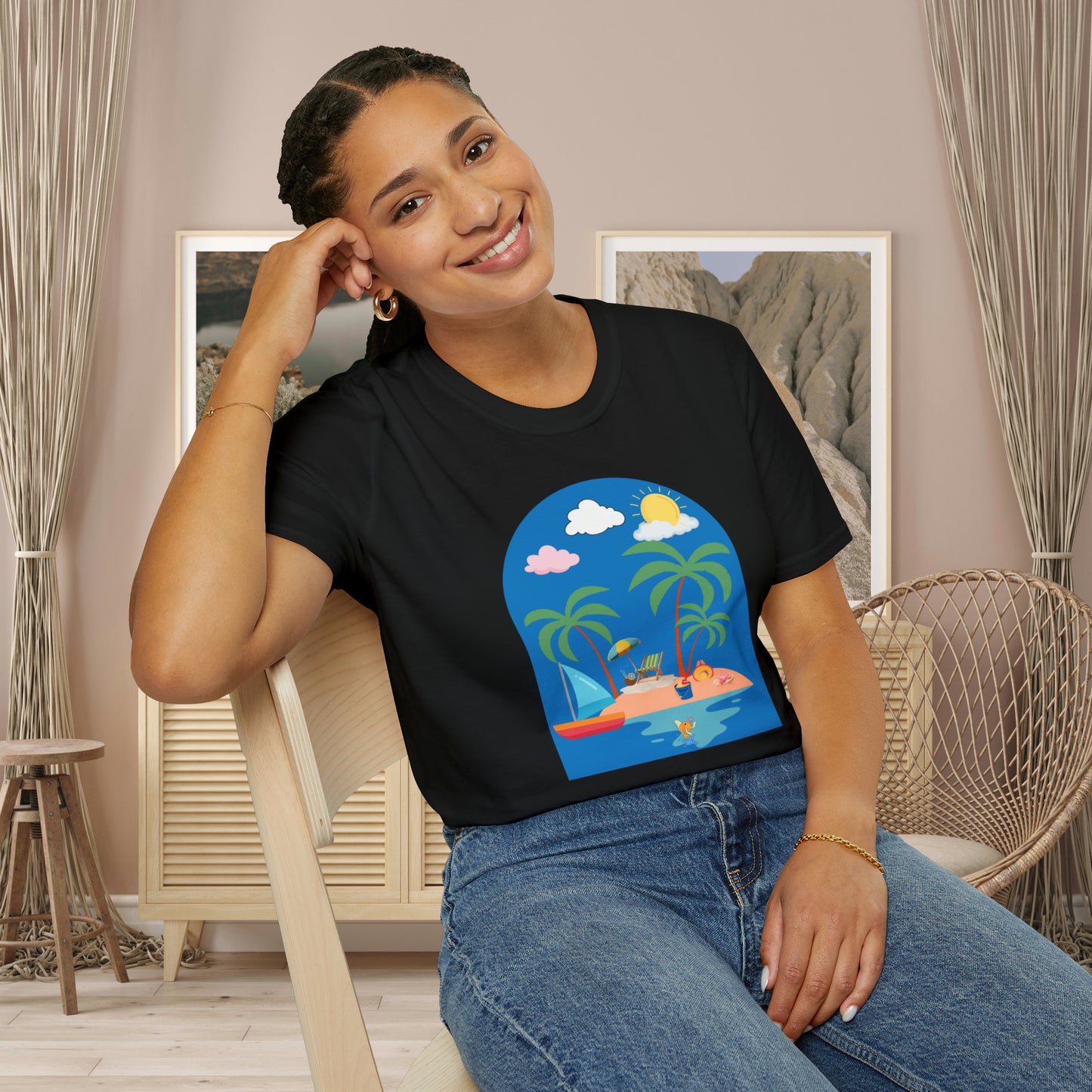 Do you smile when you think of being on an island with the sun, sand and breeze embracing you? This Unisex Softstyle T-Shirt is made for that beach loving person.