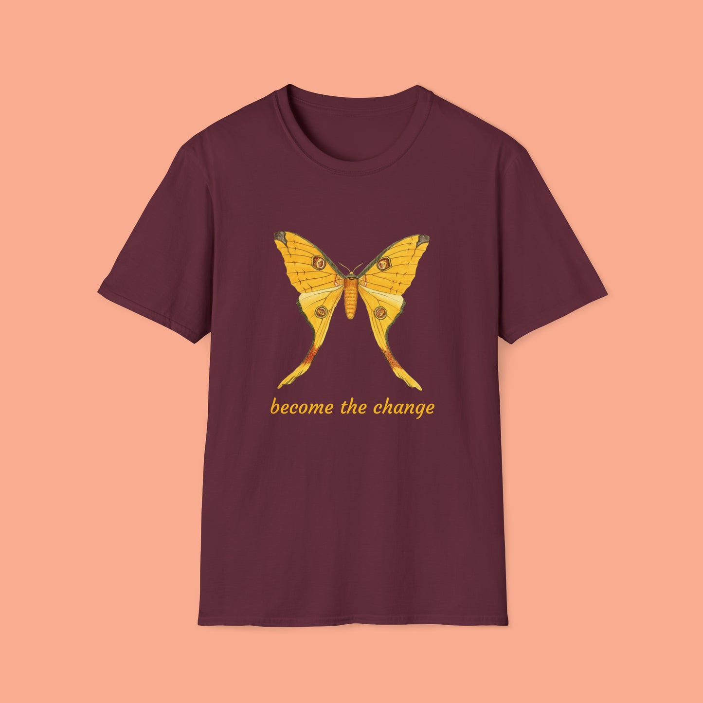 Beautiful butterfly “become the change” Unisex Softstyle T-Shirt design. A great and timeless message on a shirt.