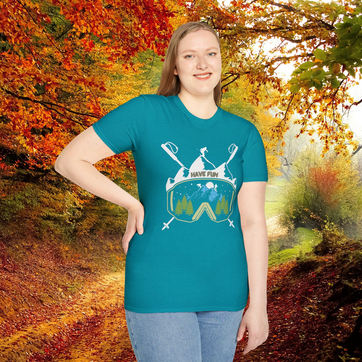 Winter fun! Go ski, snowboard and enjoy all that powder! This is a Unisex Softstyle T-Shirt.