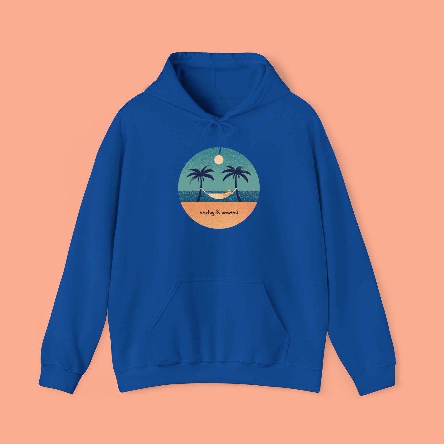 Unplug & unwind beneath a beach scene on this Unisex Heavy Blend™ Hooded Sweatshirt