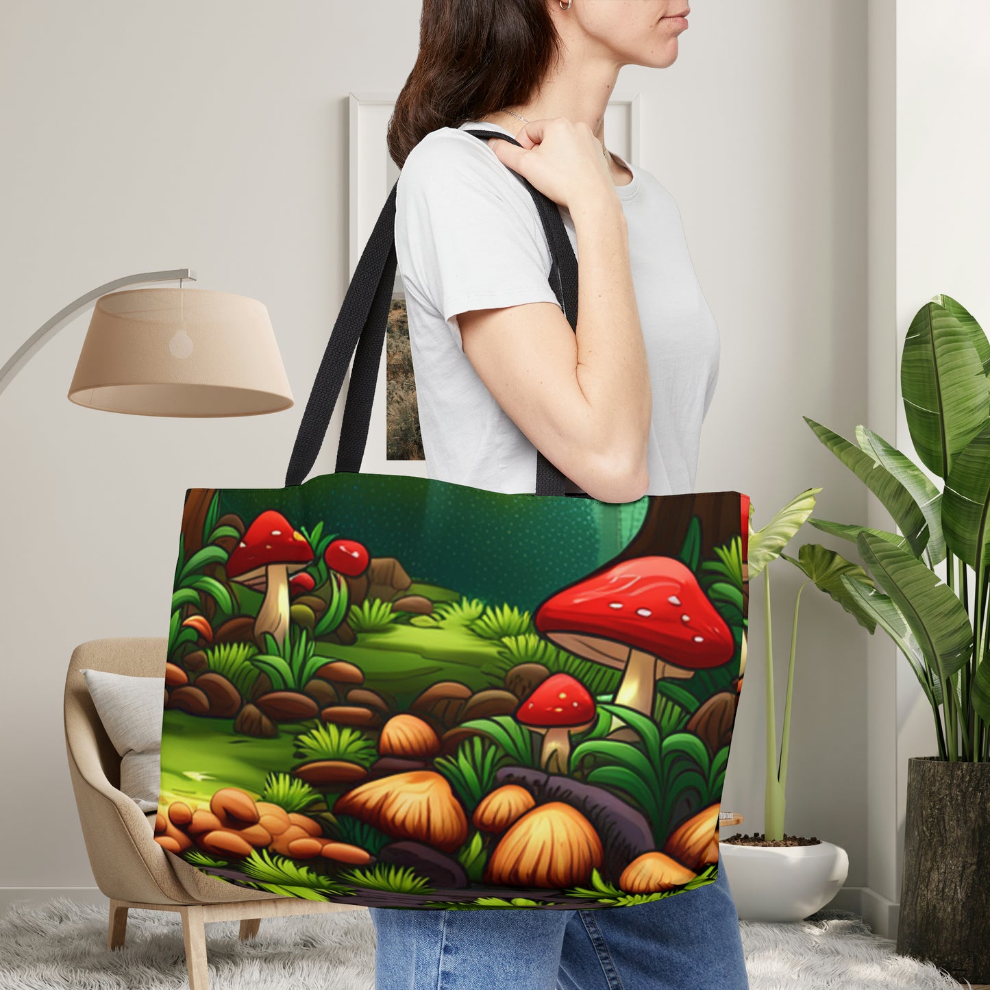 Mushrooms thriving in the forest inspires this design on this Weekender Tote Bag.