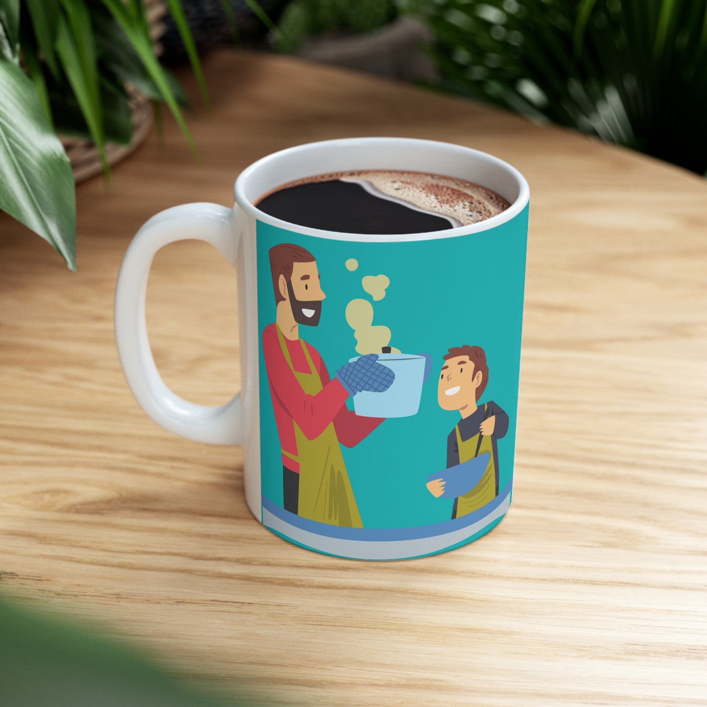 “BEST DAD EVER” on one side and a dad cooking happily with his kid. Part of several mugs to choose from depending on what resonates with you.
