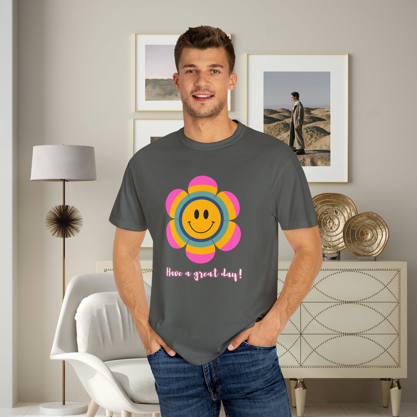 Smiling flower with "Have a great day” below it on this black only Unisex Garment-Dyed T-shirt. Spread some good cheer!