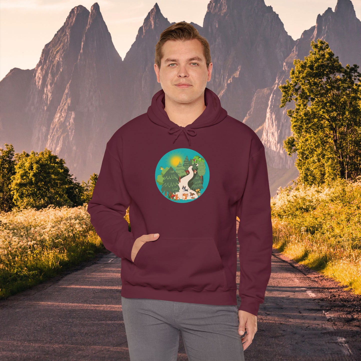 A nature walk with the doggies is so much fun! Enjoy this Unisex Heavy Blend™ Hooded Sweatshirt