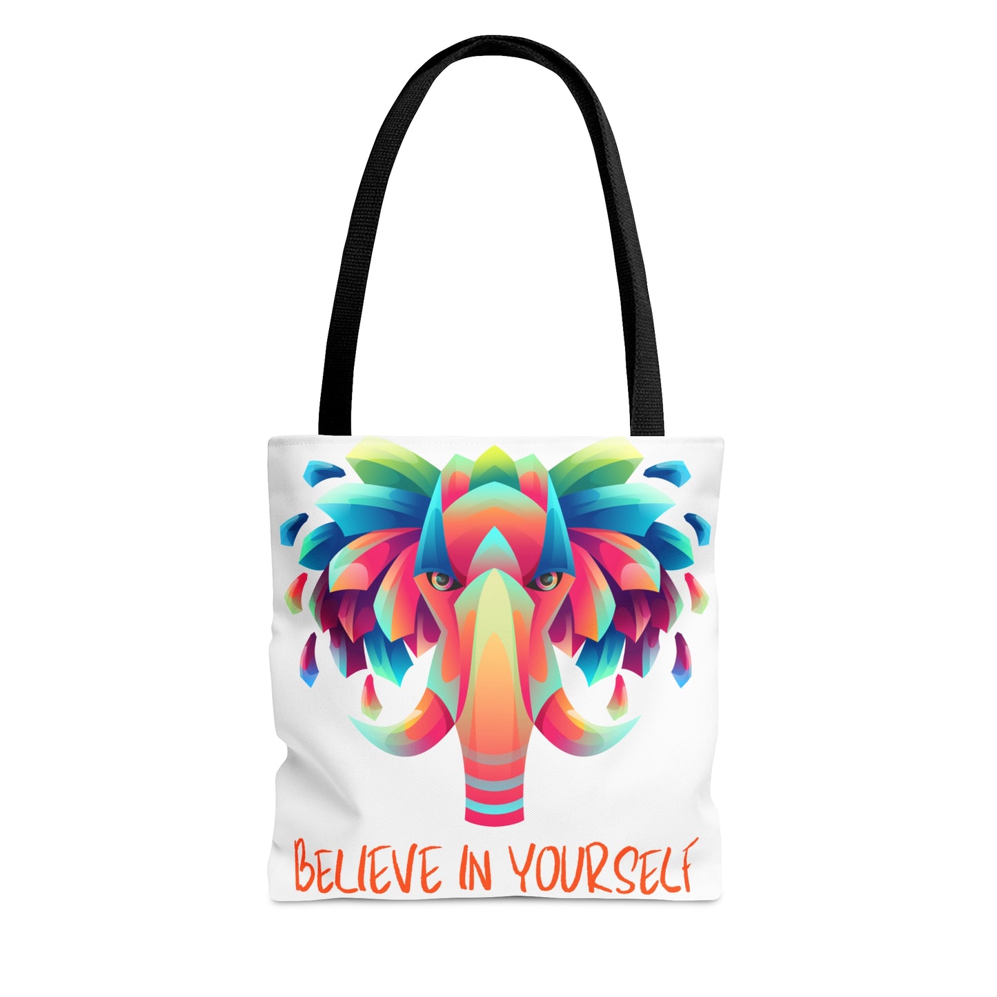 Gorgeous elephant design above “BELIEVE IN YOURSELF” affirmation tote bag. Come in 3 sizes to meet your needs.