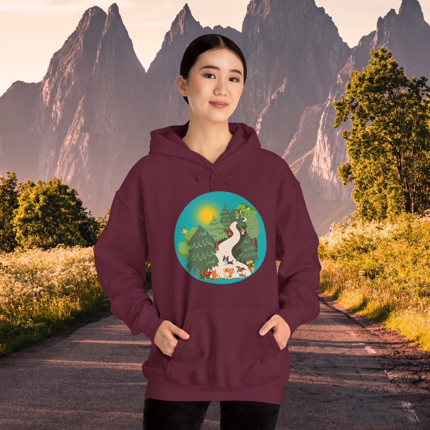 A nature walk with the doggies is so much fun! Enjoy this Unisex Heavy Blend™ Hooded Sweatshirt