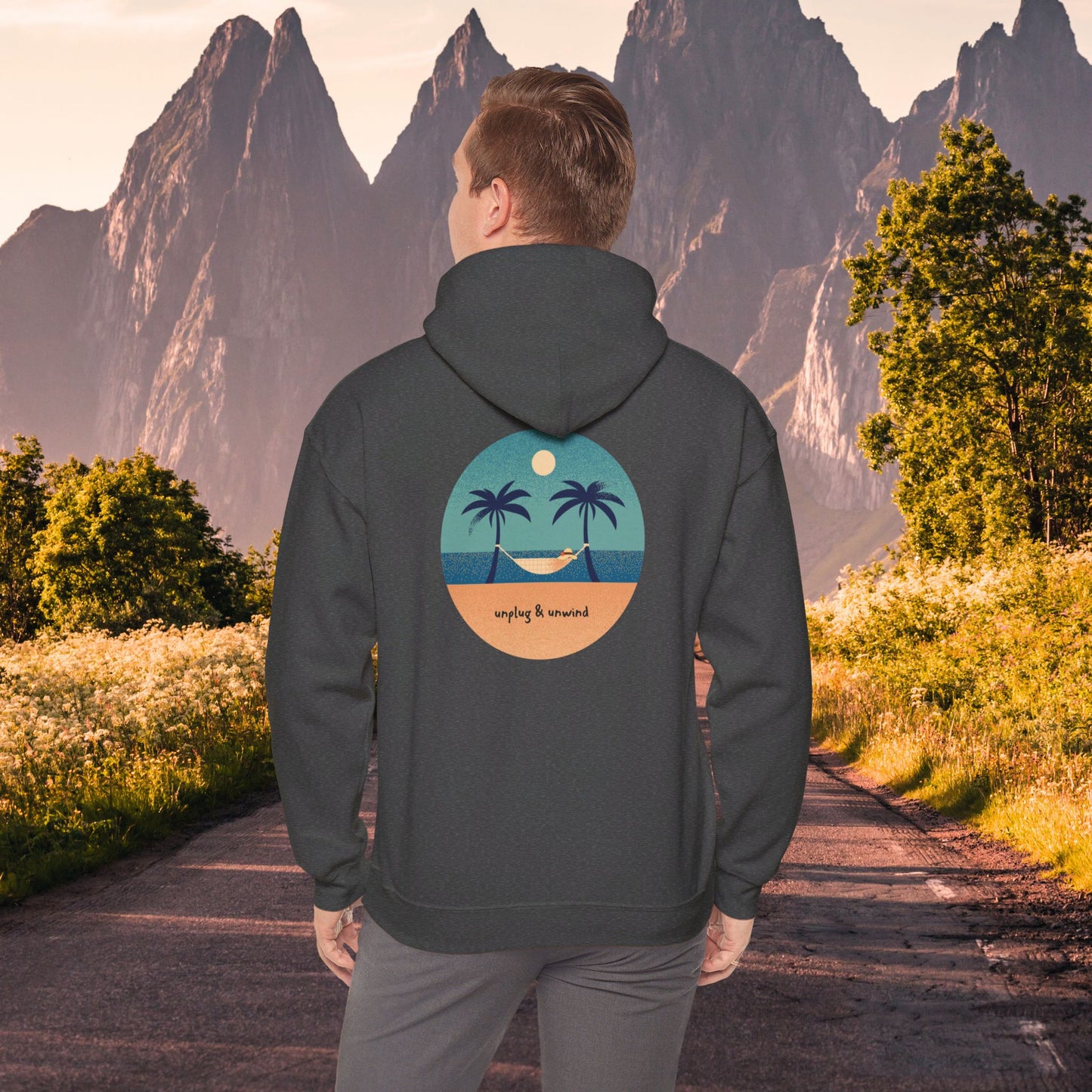 Unplug & unwind beneath a beach scene on this Unisex Heavy Blend™ Hooded Sweatshirt