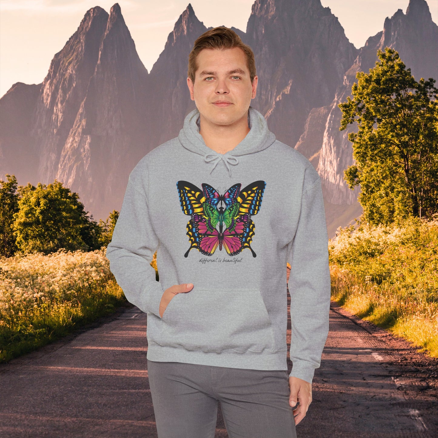 Diversity is celebrated on this butterflies filled “different is beautiful" Unisex Heavy Blend™ Hooded Sweatshirt