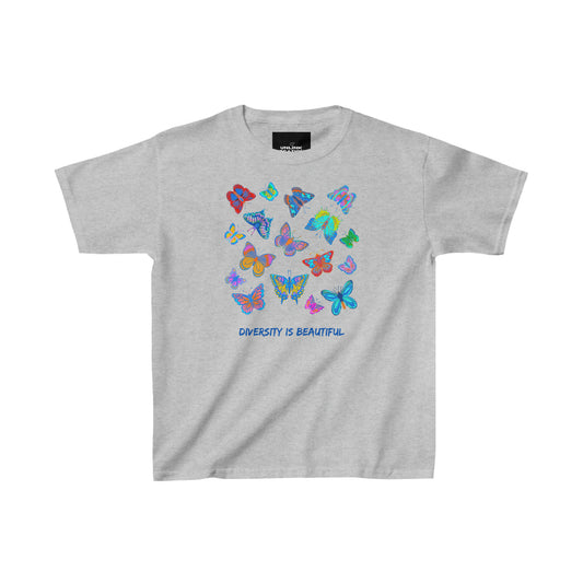 Lovely butterflies above “diversity is beautiful” message on this Kids Heavy Cotton™ Tee