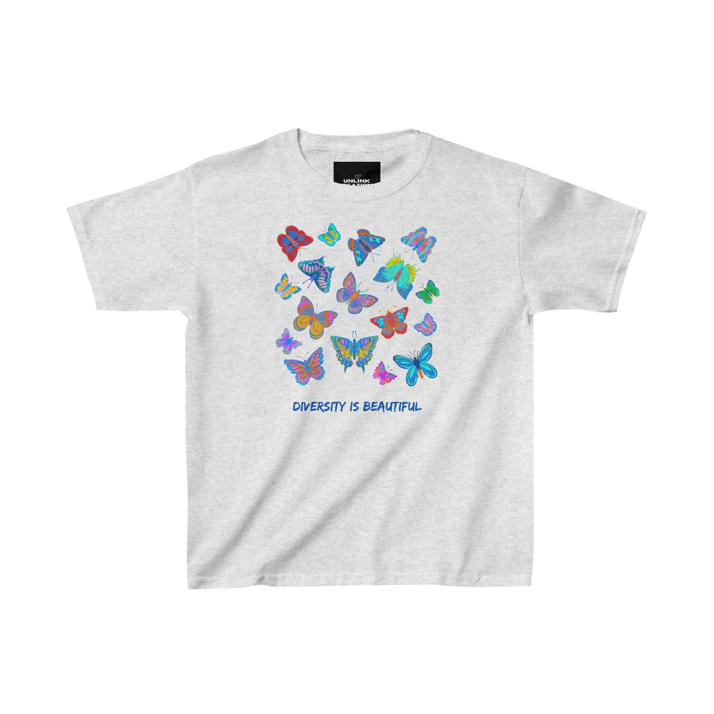 Lovely butterflies above “diversity is beautiful” message on this Kids Heavy Cotton™ Tee