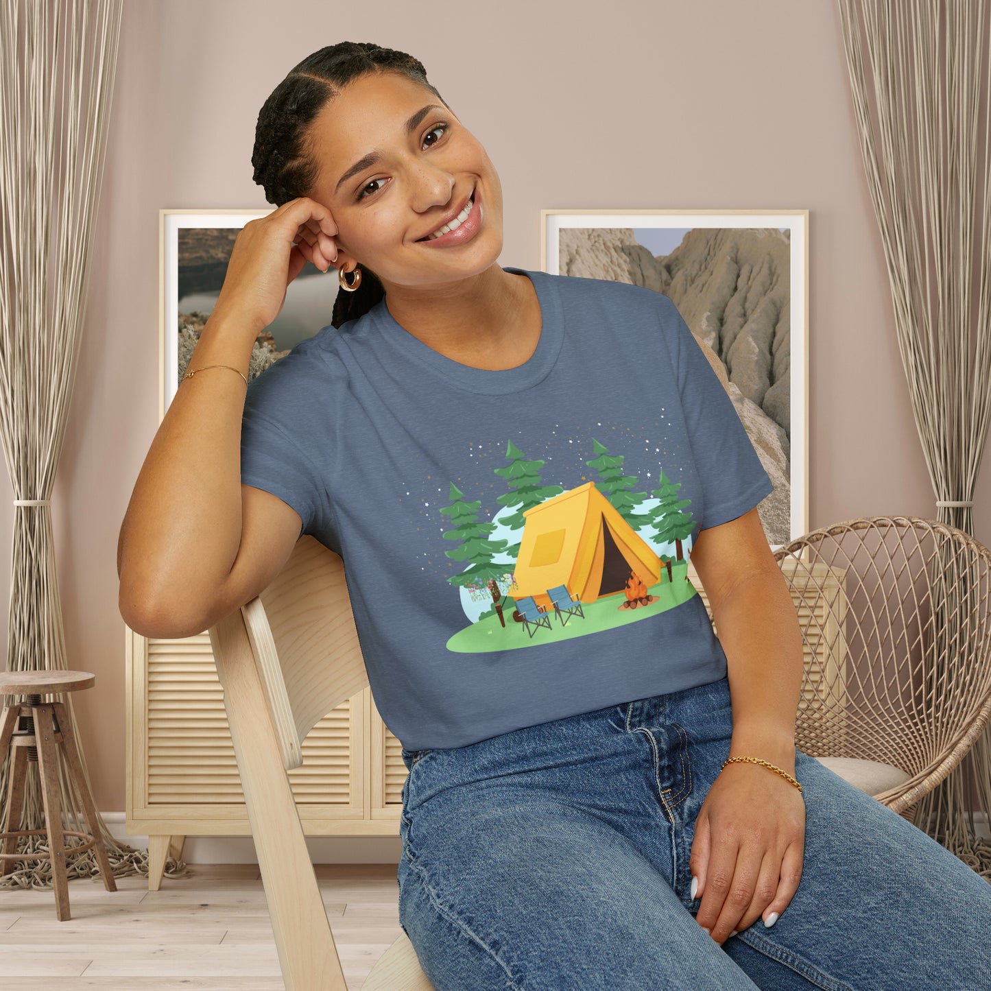 Camping can be so much fun! A happy place for many of us. Love of the great outdoors inspired design on this Unisex Softstyle T-Shirt.