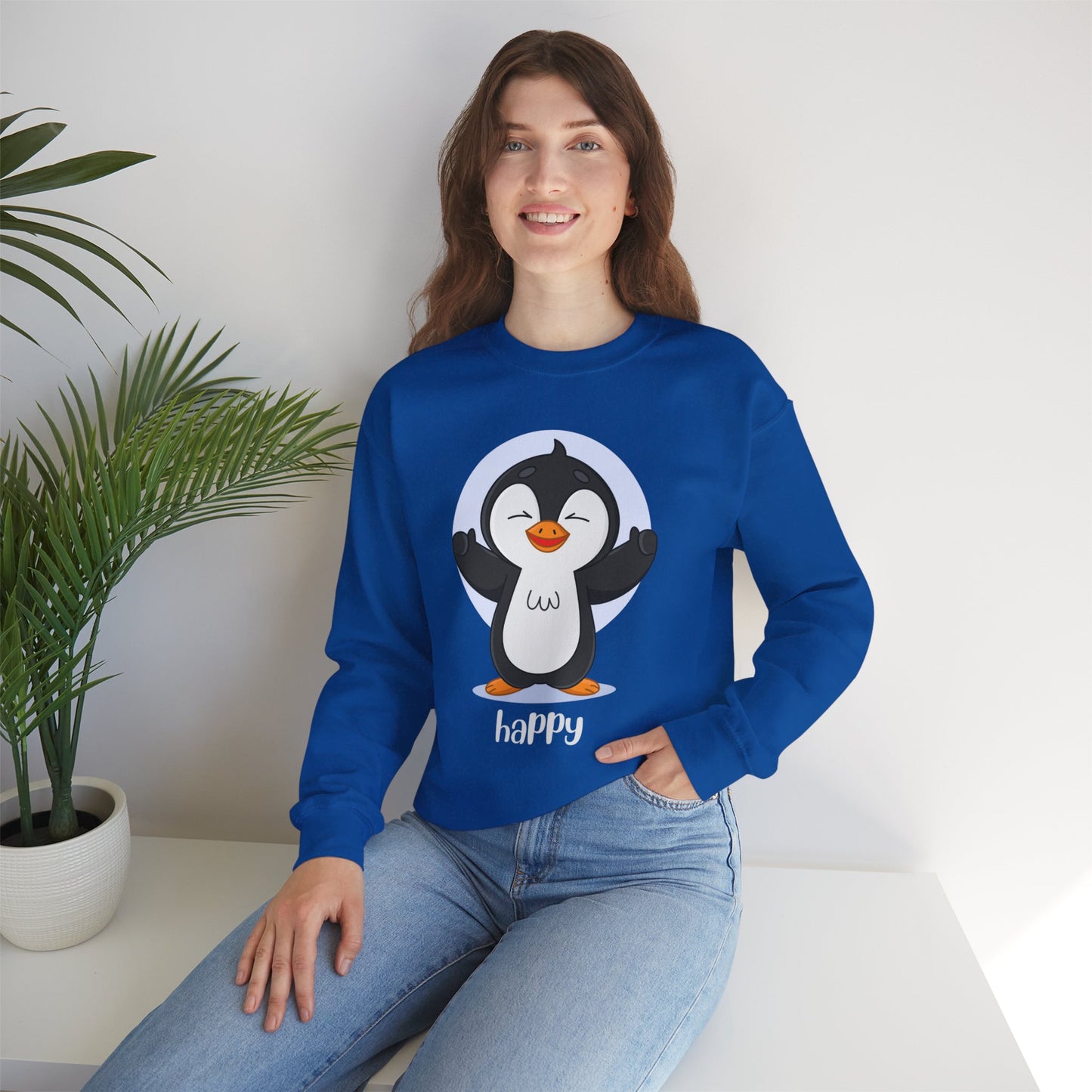 Penguin Crewneck Sweatshirt with Happy Typography