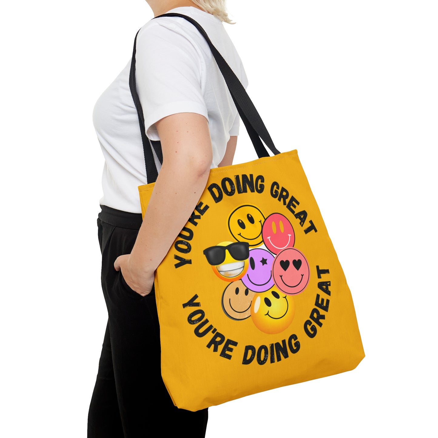 Positive feedback “YOU ARE DOING GREAT” makes us smile with this colorful Tote Bag in 3 sizes to meet your needs.