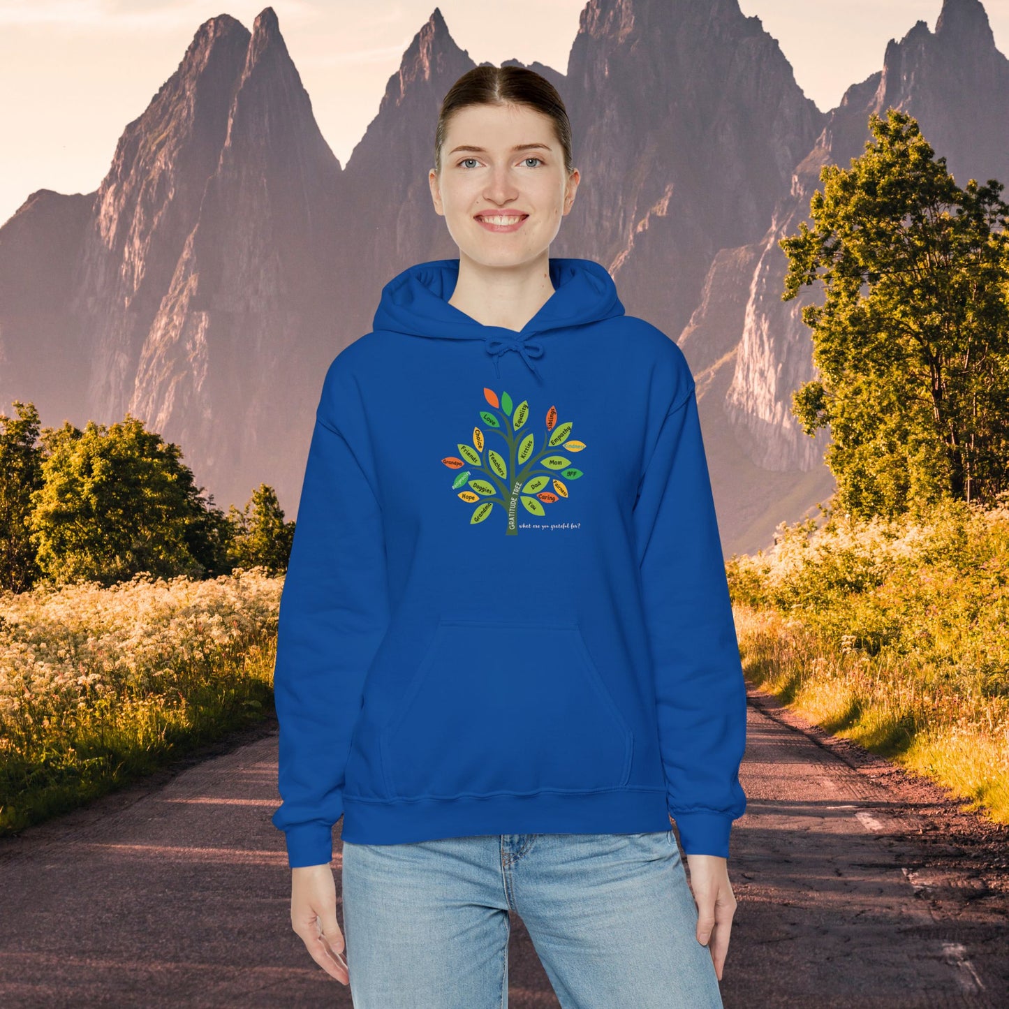 A gratitude tree full of those we are thankful for is the message on this Unisex Heavy Blend™ Hooded Sweatshirt