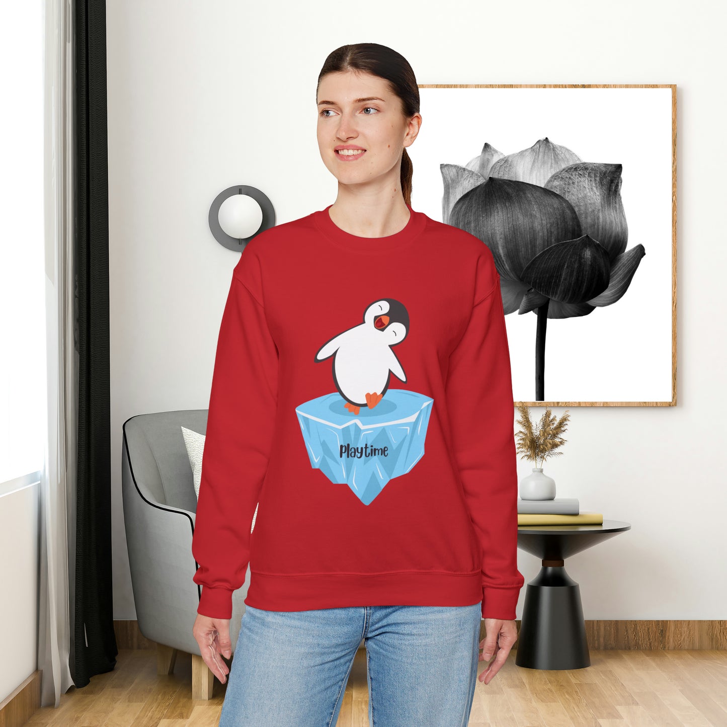 Playtime! Cute and happy penguin on an iceberg design. Give the gift of this Unisex Heavy Blend™ Crewneck Sweatshirt or get one for yourself.