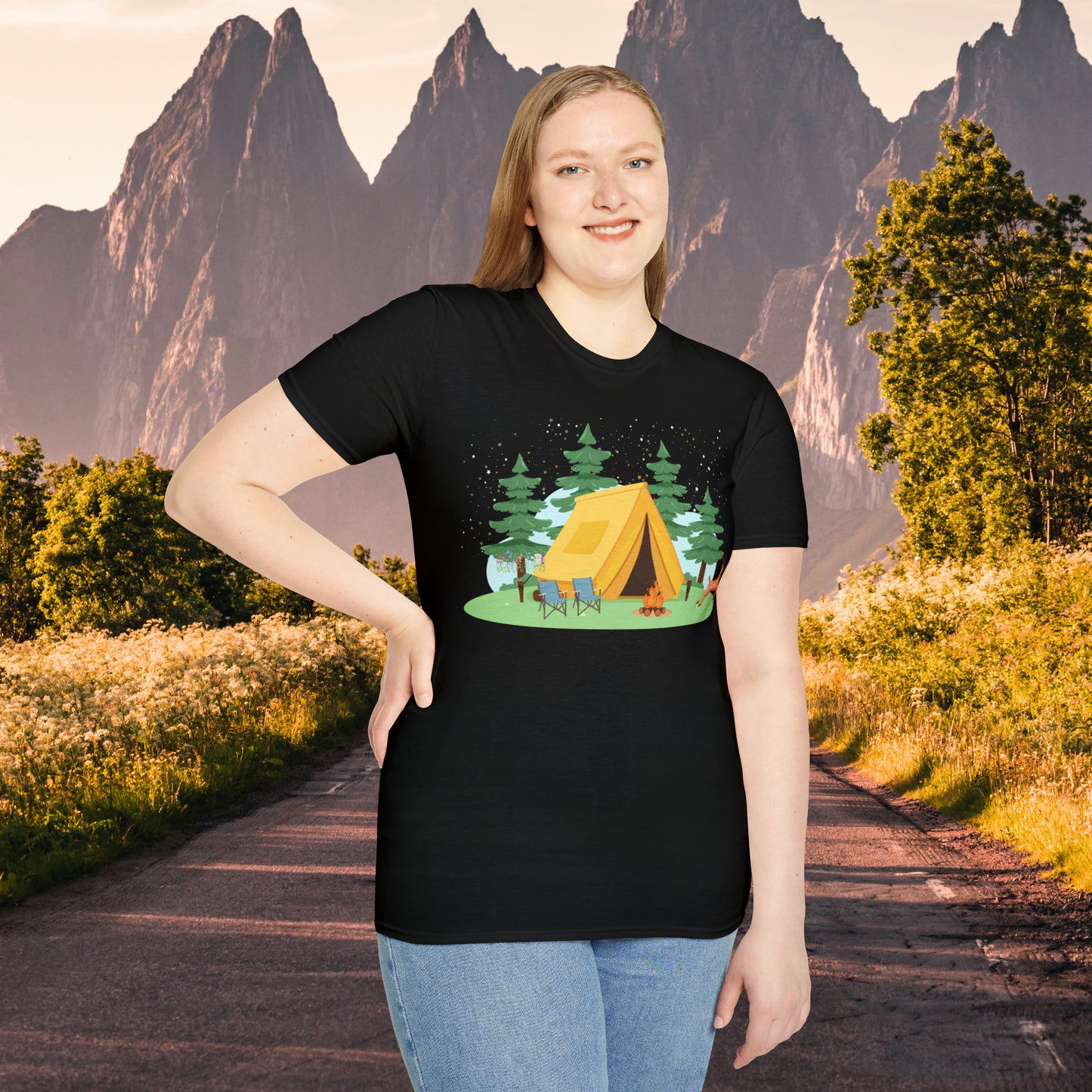 Camping can be so much fun! A happy place for many of us. Love of the great outdoors inspired design on this Unisex Softstyle T-Shirt.