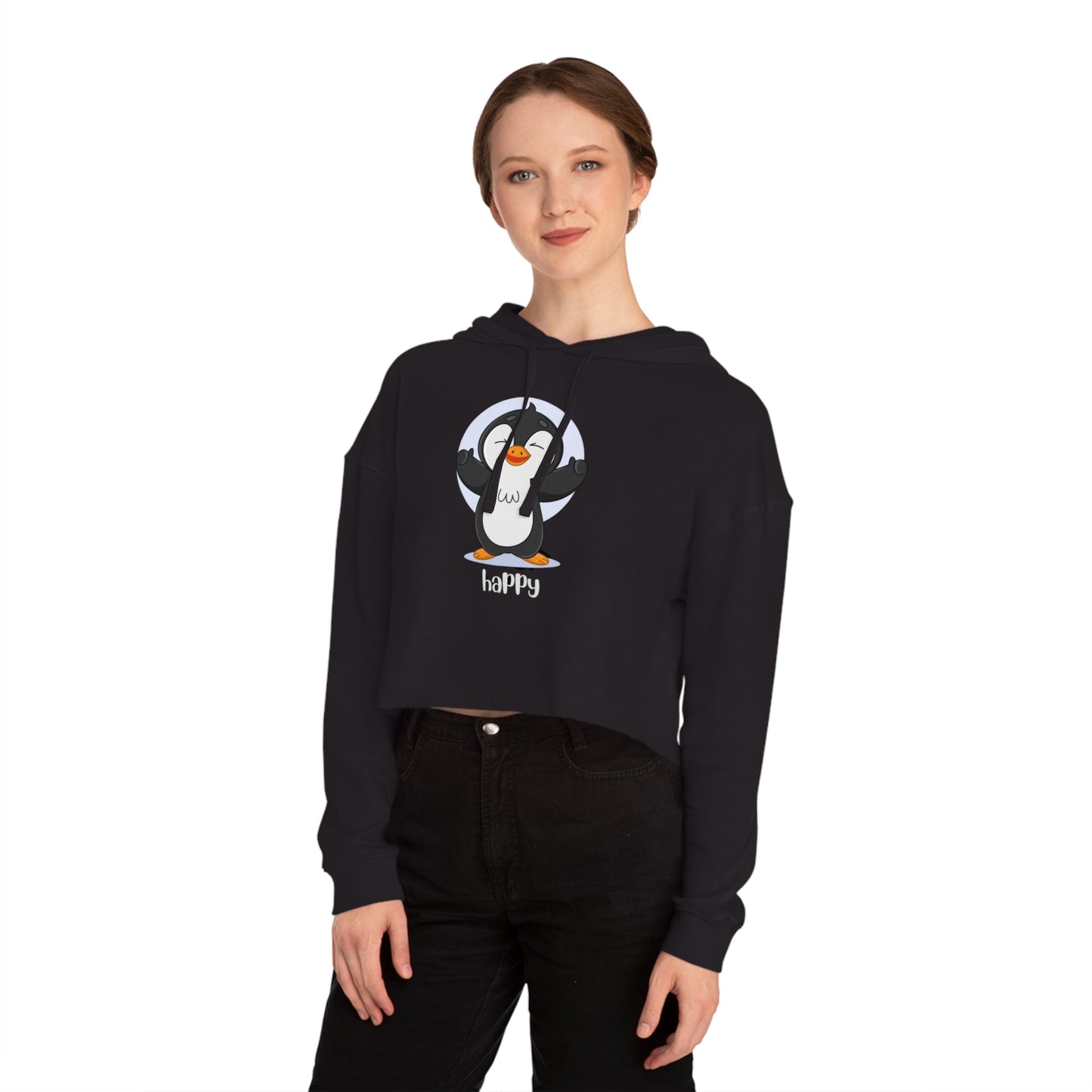 Happy penguin on this simple and stylish Women’s Cropped Hooded Sweatshirt for your enjoyment.